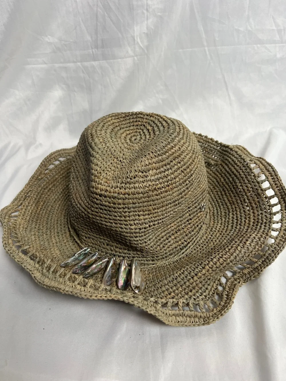 Woven Straw Sun Hat with Iridescent Shell Accents - Natural - Picture 2 of 6